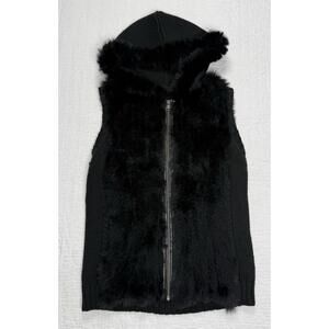 BCBG MaxAzria Rabbit Fur Trim Knit Hooded Vest Black Wool Blend Size M